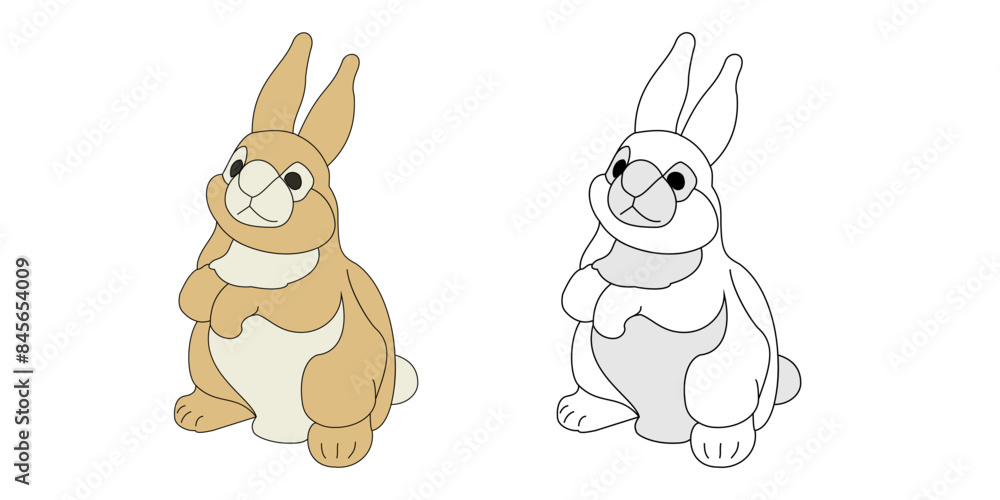 Naklejka premium Cute cartoon rabbit illustration with a playful and friendly expression. A charming, simplified drawing of a bunny, presented in both full color and outline versions, perfect for children's themes