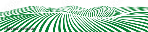 Farm field landscape on small hills. Furrows pattern in a plowed prepared for crops planting. Rows of soil, rural countryside perspective horizon view. Vector engraving sketch illustration.