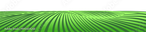 Farm field landscape on small hills. Furrows pattern in a plowed prepared for crops planting. Rows of soil, rural countryside perspective horizon view. Vector engraving sketch illustration.