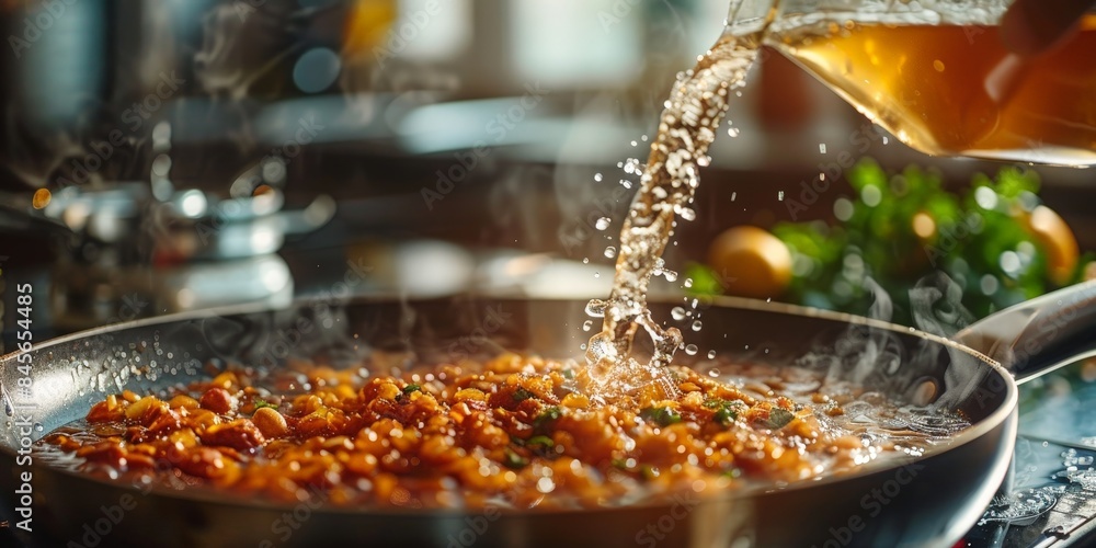 Close-up of frying pan with sizzling golden potatoes being cooked with water poured, creating steam and bubbles, in a cozy kitchen setting with warm lighting.. Close-up of frying pan with sizzling golden potatoes being cooked with water poured, creating steam and bubbles, in a cozy kitchen setting with warm lighting..