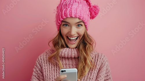 Happy Woman Wearing Pink Knit Hat and Sweater Looking at Smartphone