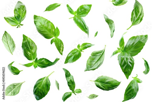 Set of flying basil leaves on white background with clipping path.