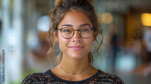 Young Woman With Glasses Smiling Indoors During the Day