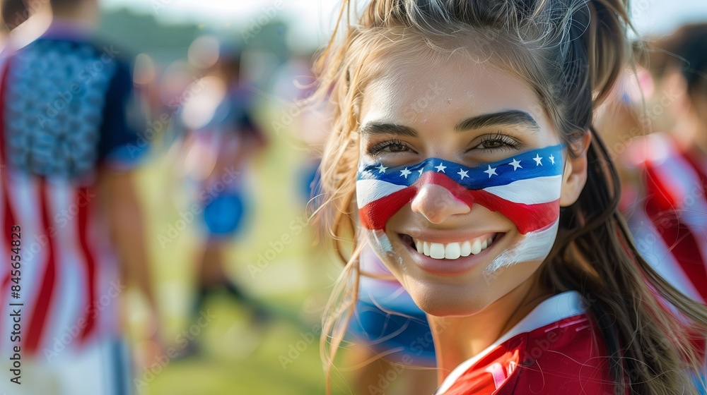 Cheerful girl with American flag face paint at a 4th of July festival. Suitable for patriotic and holiday event promotions. Generated AI Cheerful girl with American flag face paint at a 4th of July festival. Suitable for patriotic and holiday event promotions. Generated AI