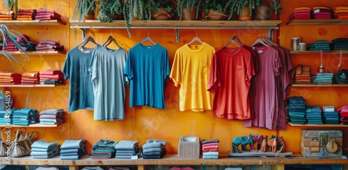 Colorful T-Shirts Displayed On Wooden Shelves In Retail Store