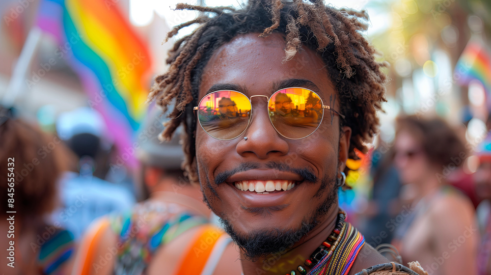 Close-up of a smiling man wearing sunglasses at a vibrant Pride parade. Ideal for diversity, inclusion, and LGBT themes. Generated AI Close-up of a smiling man wearing sunglasses at a vibrant Pride parade. Ideal for diversity, inclusion, and LGBT themes. Generated AI