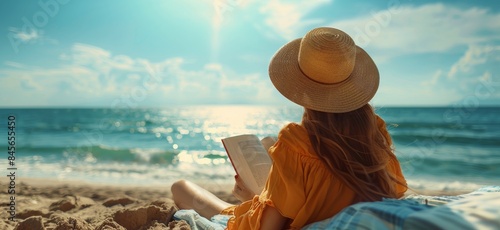 Woman Relaxing on a Sandy Beach Reading a Book on a Sunny Day