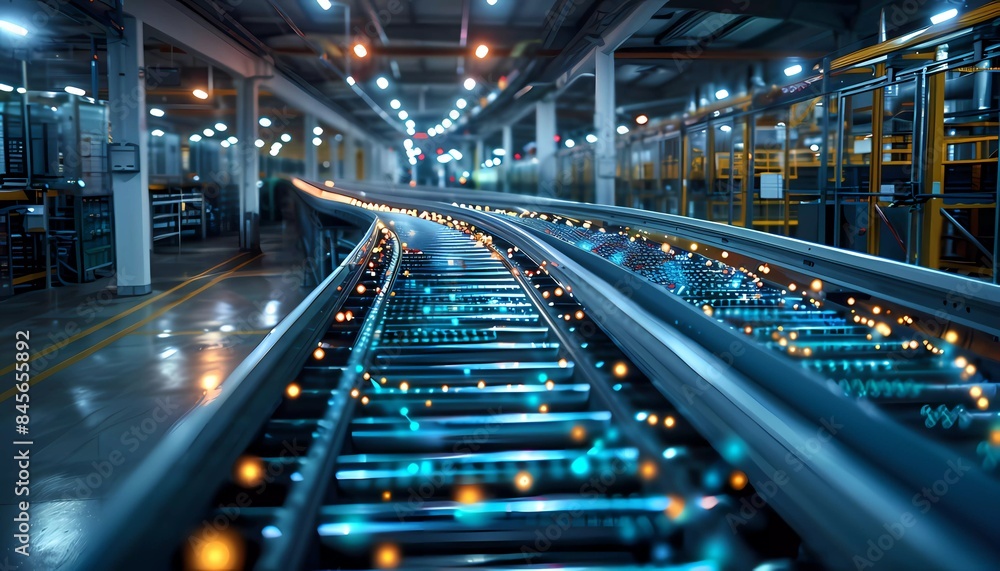 Data-Driven Efficiency, A conveyor belt system with data visualizations overlaid, big data analysis drives efficiency Data-Driven Efficiency, A conveyor belt system with data visualizations overlaid, big data analysis drives efficiency
