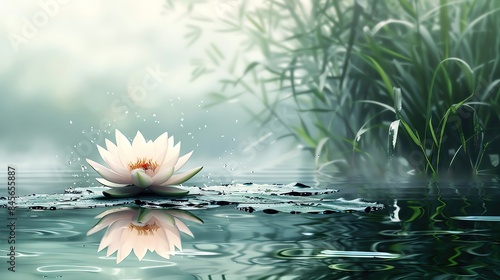 A calming pond with a single lotus flower and green foliage, creating a tranquil background with ample copy space photo