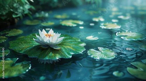 A calming pond with a single lotus flower and green foliage, creating a tranquil background with ample copy space photo