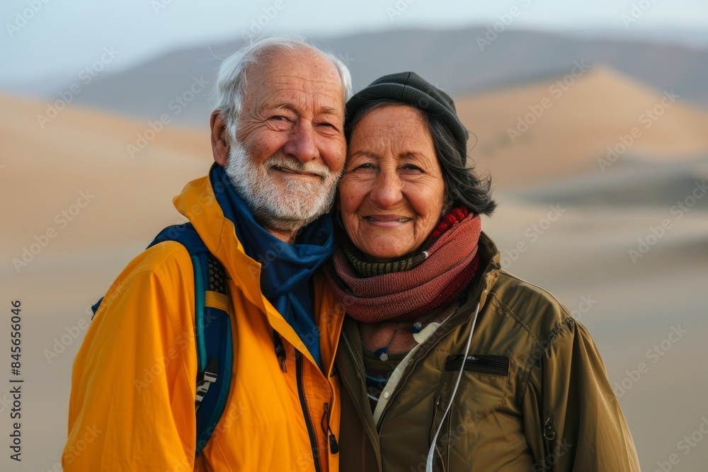 Portrait of a blissful indian couple in their 60s wearing a lightweight packable anorak on serene dune landscape background Portrait of a blissful indian couple in their 60s wearing a lightweight packable anorak on serene dune landscape background