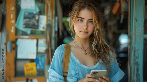 Young Woman Using Smartphone Outside of a Building With a Blue Door