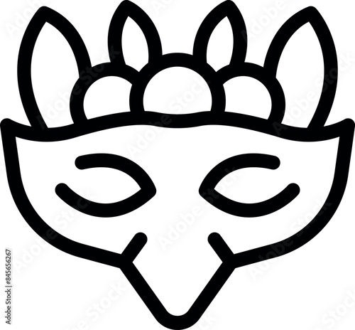 Black and white icon of a venetian carnival mask with feathers and decorations showing a bird face