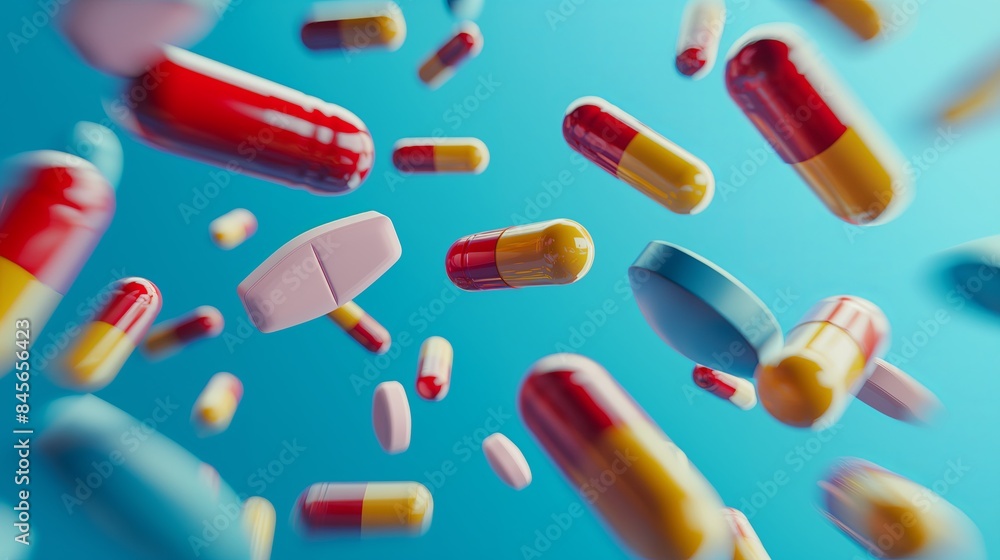Various pills and capsules floating on a blue background. Suitable for medical, pharmaceutical, and health-related content. Generated AI Various pills and capsules floating on a blue background. Suitable for medical, pharmaceutical, and health-related content. Generated AI
