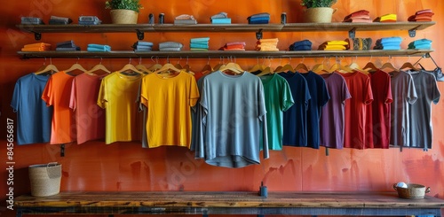 Colorful T-Shirts Displayed On Wooden Shelves In Retail Store