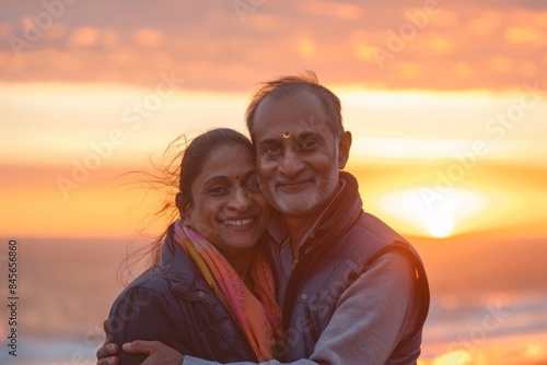 Portrait of a merry indian couple in their 30s dressed in a water-resistant gilet while standing against vibrant beach sunset background