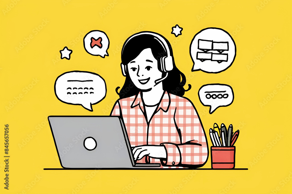 Freelancer woman wearing headphone and working with laptop on yellow background Freelancer woman wearing headphone and working with laptop on yellow background