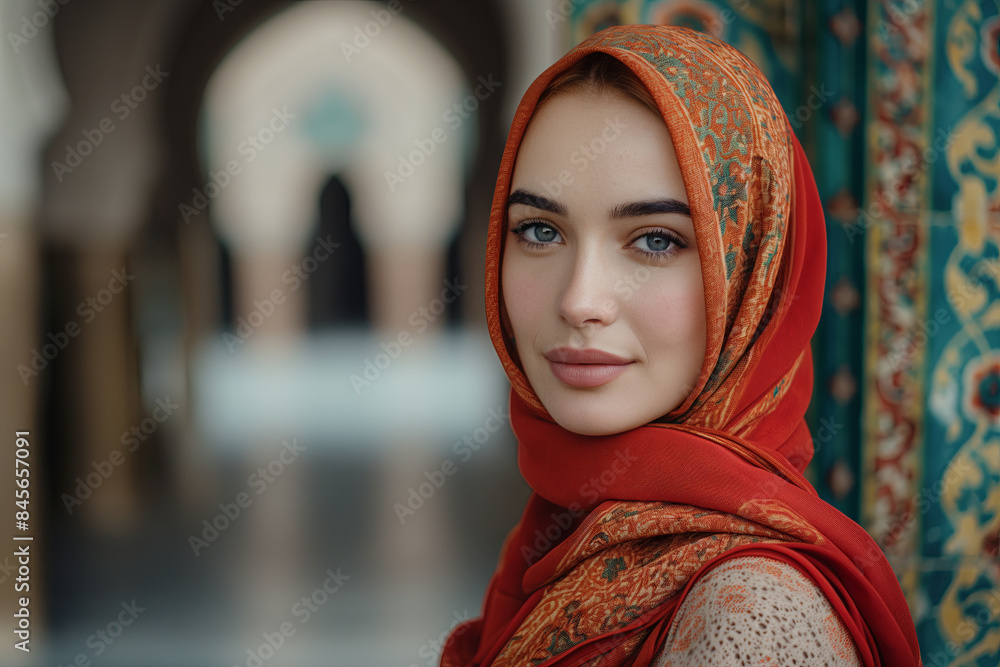 Beautiful young woman wearing a red hijab, standing in a traditional setting. Perfect for cultural and fashion-related content. Generated AI Beautiful young woman wearing a red hijab, standing in a traditional setting. Perfect for cultural and fashion-related content. Generated AI