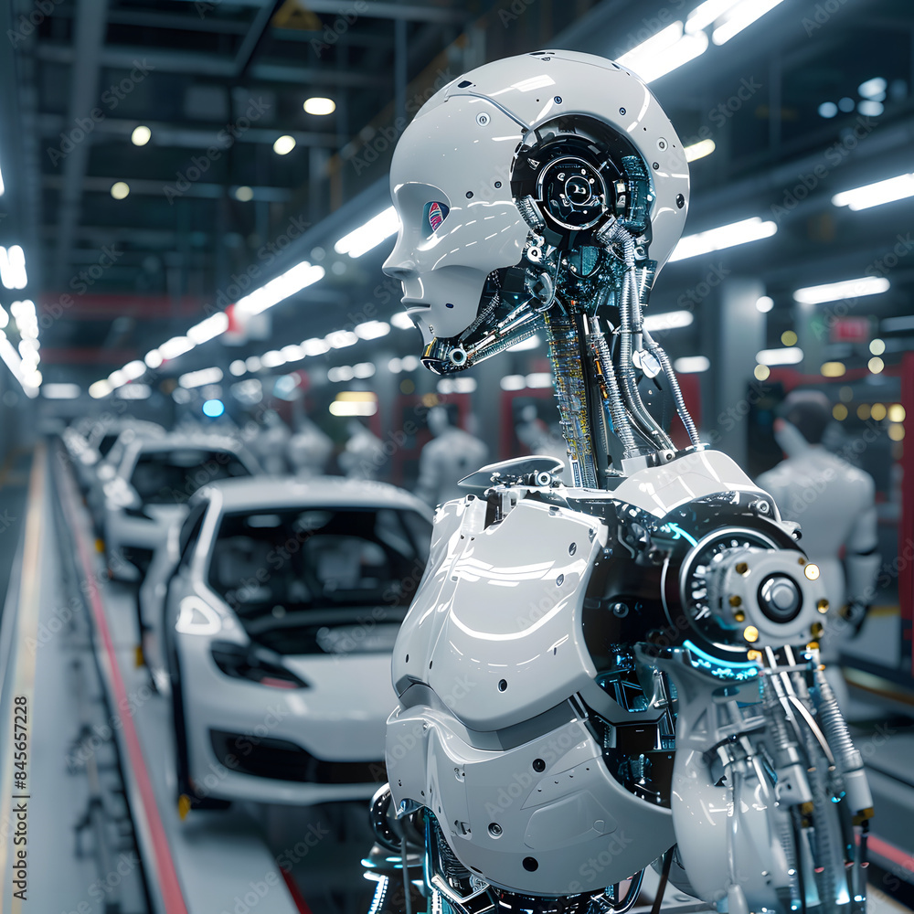 Fototapeta premium robot operario de montaje trabajando en fabrica industria del automóvil coche