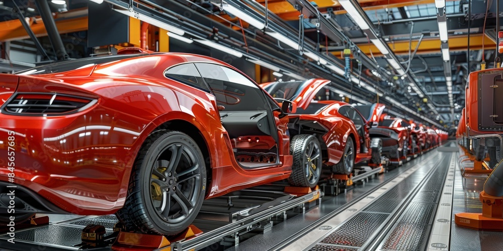 A high-tech automotive assembly line featuring red cars in various stages of manufacturing, highlighting modern industrial processes, precision engineering, and the future of automobile production. A high-tech automotive assembly line featuring red cars in various stages of manufacturing, highlighting modern industrial processes, precision engineering, and the future of automobile production.