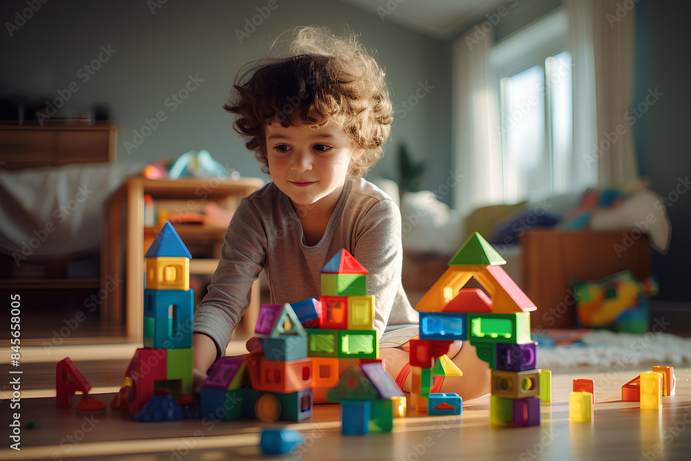 A Kid playing with colorful toy blocks at home. A Kid playing with colorful toy blocks at home.