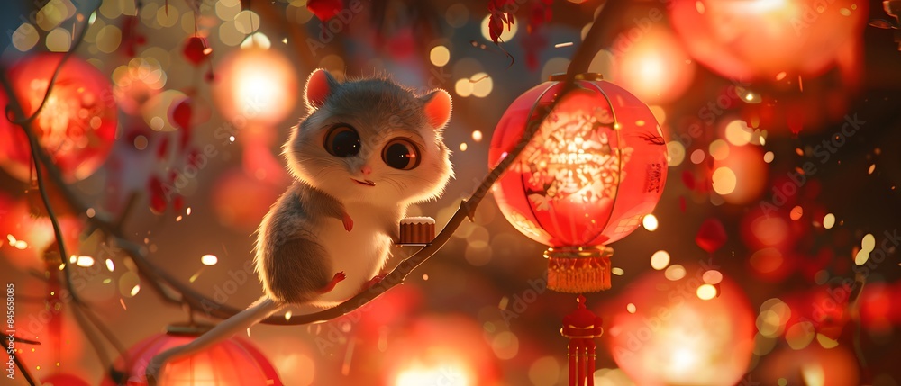 Cute animated mouse on a tree branch with glowing red lanterns in the background, creating a festive and enchanting atmosphere.