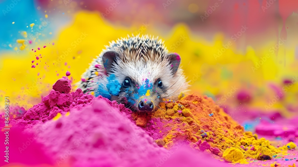 Adorable hedgehog covered in vibrant Holi powder colors, creating a playful and festive atmosphere. Eye-catching and cheerful photography.