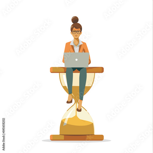 Businesswoman sitting and working on an hourglass. Wasting time. Too much thinking. Deadline or time management vector illustration concept on a white background