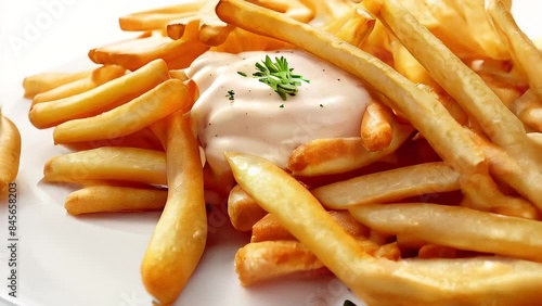 french fries on a plate with mayo