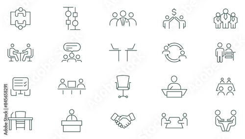 Meeting line icon set collection. Conference, team, group, presentation, meeting room, team, teamwork, presentation, idea, brainstorm, seminar, interview outline icon set. Thin outline icon pack.