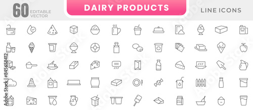 Dairy product icon set. Food, drink, ice cream, milk, cold, farm, sweet, cheese, butter line icon set collection. Outline icon pack. Thin outline icons vector
