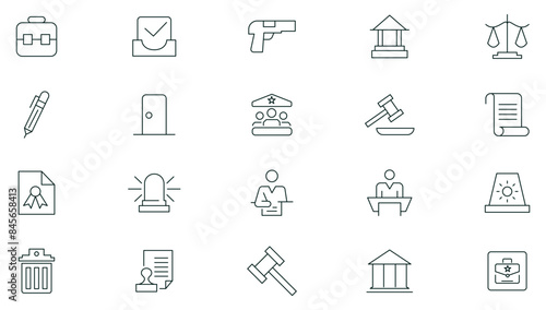 Law and justice line icon collection. Court, lawyer, judge, justice, Law, Crime, Legal, Criminal, Jail, Prison, Police, Corruption, Illegal, Drug line icon set collection. Thin outline icons vector.
