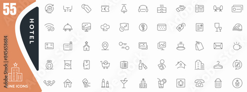 Hotel Line Icons set. Hotel, apartament, service, airport, rental, reservation, hotel booking, room, parking, travel outline icon collection. Thin outline icons pack.
