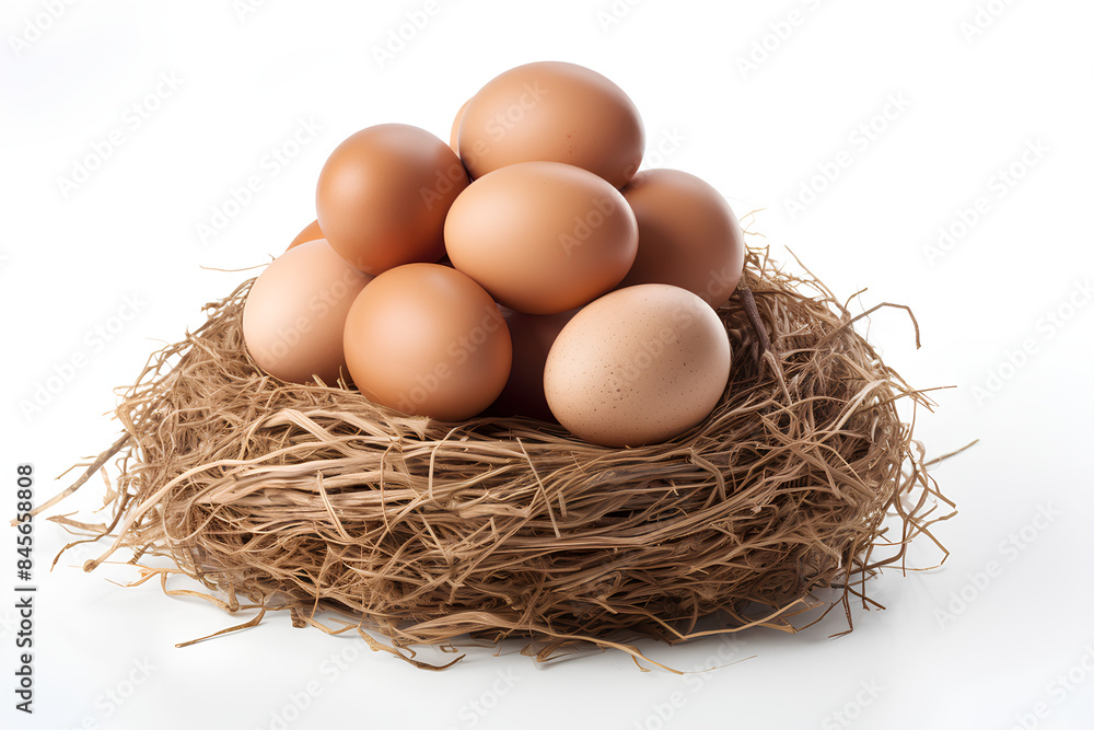a pile of brown eggs in a nest on a white background a pile of brown eggs in a nest on a white background