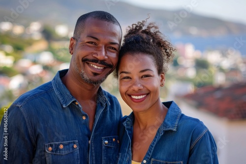 Portrait of a joyful multiethnic couple in their 30s sporting a versatile denim shirt over beautiful coastal village background © Markus Schröder
