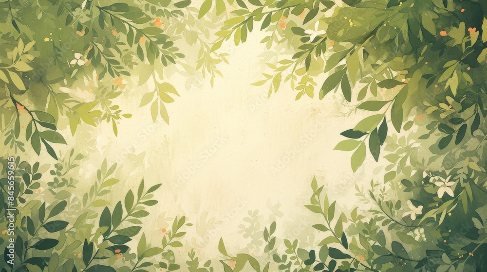 Green foliage framing a soft yellow background creating a natural looking border Green foliage framing a soft yellow background creating a natural looking border