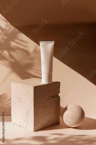 Off-white pieces of stone rocks with blank tube for mock-up product presentation. Mock-up for exhibitions or presentation of cosmetic products or packaging with natural stones, dramatic lighting