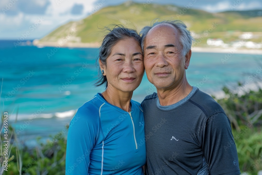 Portrait of a tender asian couple in their 60s wearing a moisture-wicking running shirt while standing against beautiful coastal village background Portrait of a tender asian couple in their 60s wearing a moisture-wicking running shirt while standing against beautiful coastal village background