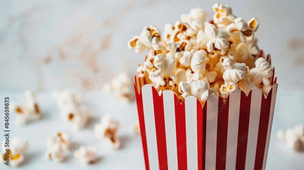 Popcorn in a red and white striped container on a white backdrop Popcorn in a red and white striped container on a white backdrop
