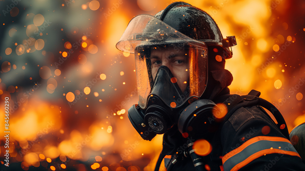 Close-up of a firefighter wearing protective gear amidst flames and sparks, highlighting bravery. Ideal for emergency services and heroism themes. Generated AI Close-up of a firefighter wearing protective gear amidst flames and sparks, highlighting bravery. Ideal for emergency services and heroism themes. Generated AI