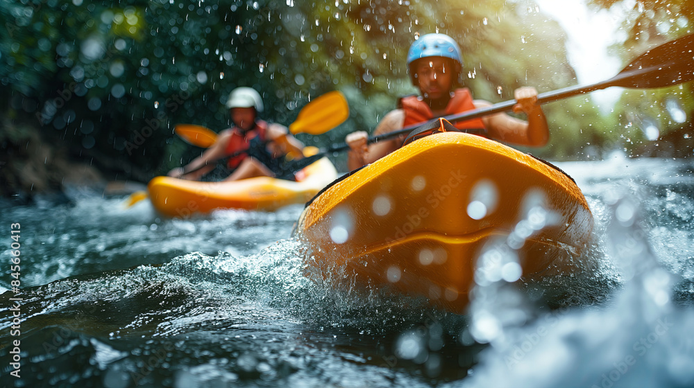 Two kayakers wearing helmets paddling through whitewater rapids, capturing the action and adventure of the sport Two kayakers wearing helmets paddling through whitewater rapids, capturing the action and adventure of the sport