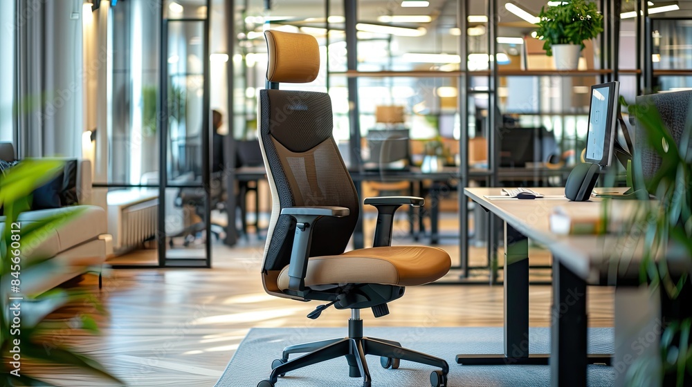 Fototapeta premium A comfortable ergonomic chair with adjustable armrests in a corporate office setting.