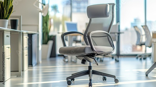 A comfortable ergonomic office chair with adjustable features, placed in a bright, modern office.