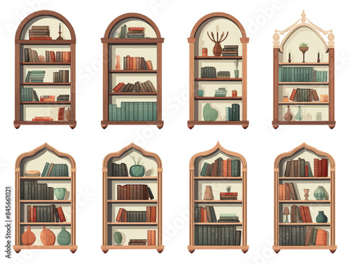 Education and knowledge library book shelves wooden vintage furniture vector bookcase textbooks and novel volumes literature and science university or college studying and learning set collection.