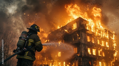 firefighter in full gear spraying water on intense flames engulfing a building