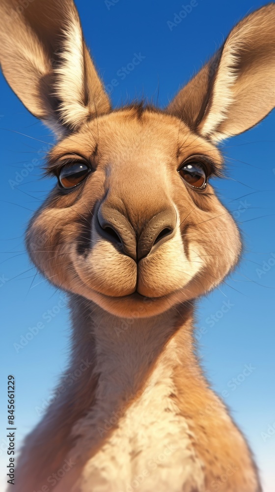 Obraz premium Happy smiling kangaroo looking at you with big ears and blue sky background