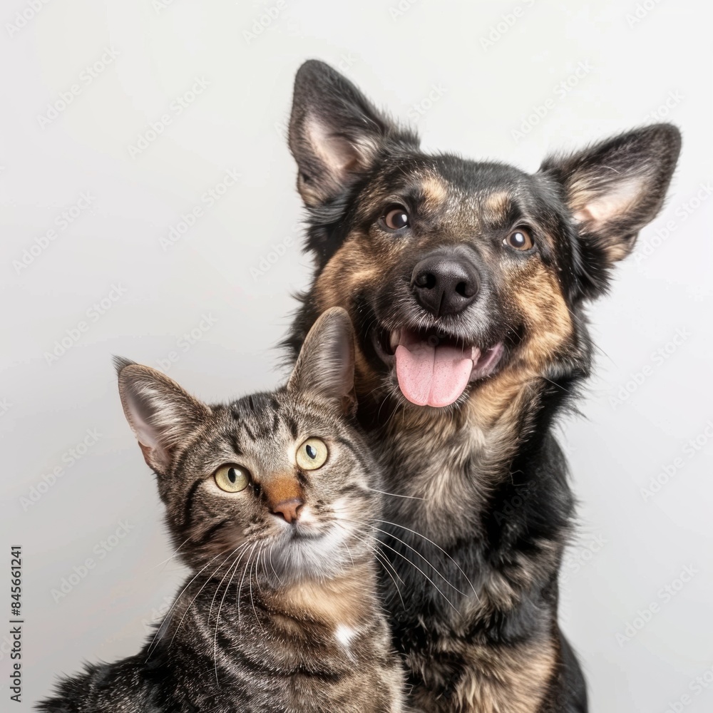 Portrait of Happy German Shepherd dog and grey tabby cat looking into studio camera together isolated on white background, veterinarian doctor office showing pets as friends.
Portrait of Happy German Shepherd dog and grey tabby cat looking into studio camera together isolated on white background, veterinarian doctor office showing pets as friends.