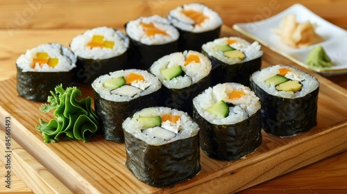 A selection of maki rolls with wasabi and ginger on a traditional Japanese serving board.