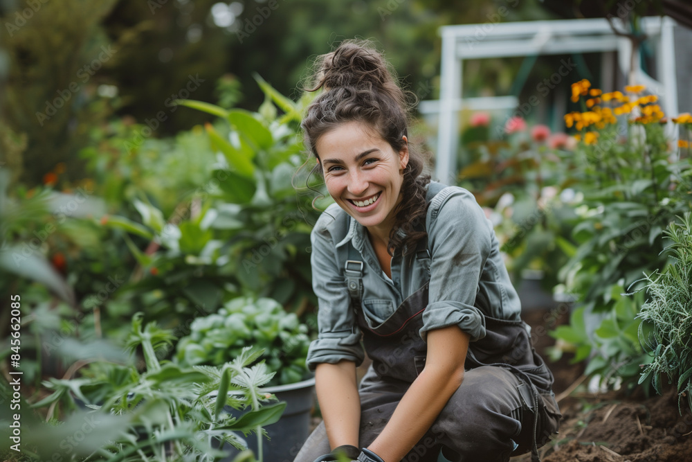 Young woman care about garden vegetable beds Young woman care about garden vegetable beds