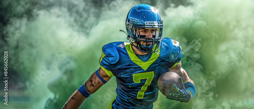 Football Player Running With Green Smoke in Background